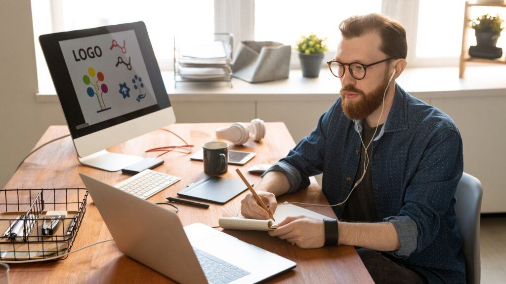 man drawing on tablet in front of computer