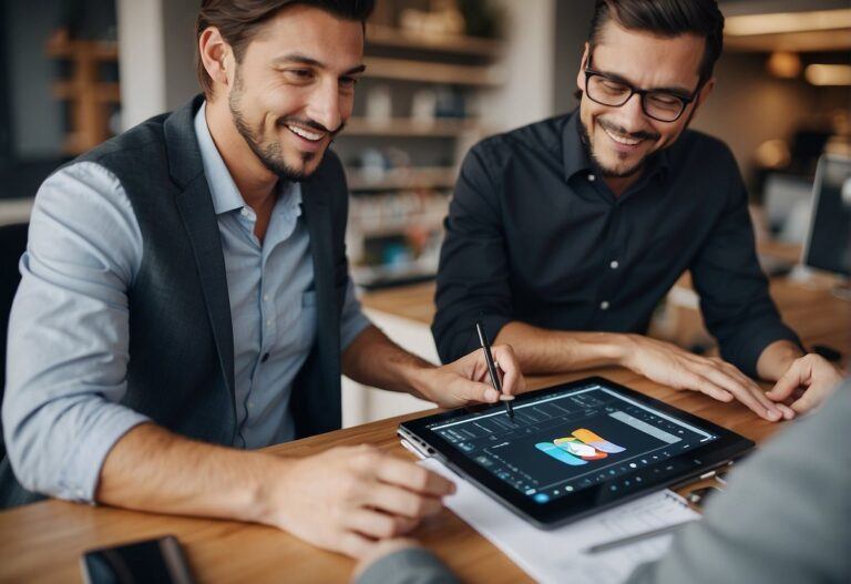 two men smiling with drawing tablet