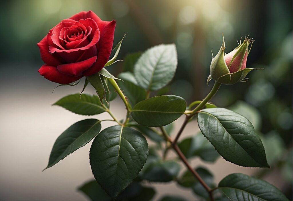 a red rose in nature in full bloom and a rose that is not yet open