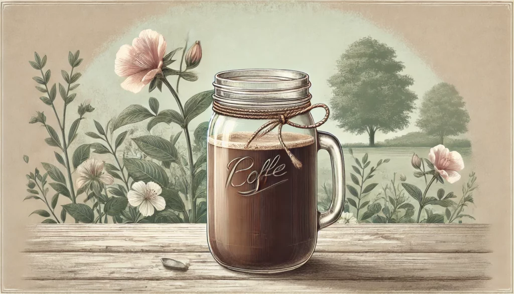 color sketch of mason jar with letters, colors, and coffee inside