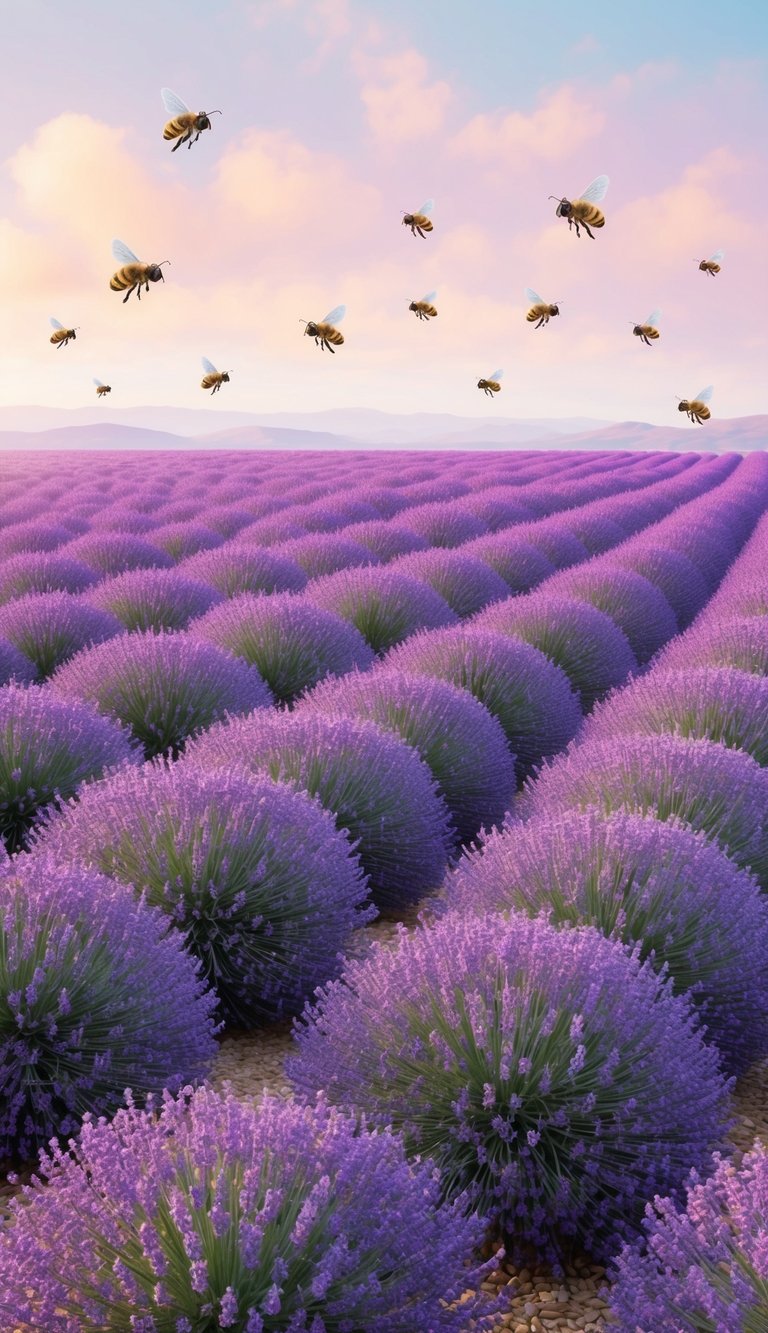 A field of lavender stretches to the horizon under a soft, pastel sky. Bees buzz around the flowers, creating a dreamy, tranquil atmosphere