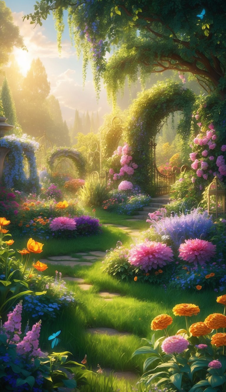 A lush fantasy garden with vibrant flowers basking in golden sunlight, creating a whimsical and enchanting atmosphere for a tablet wallpaper