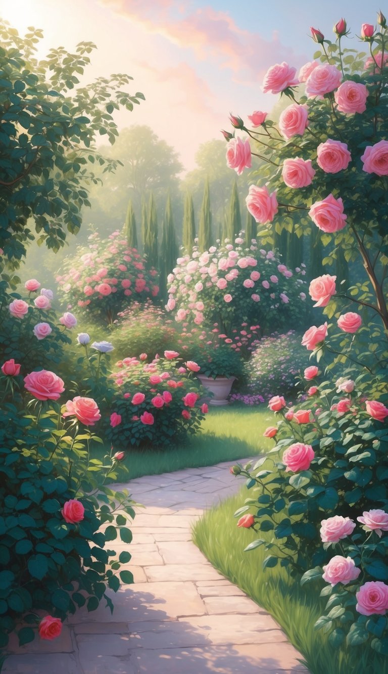 A serene rose garden with colorful blooms and lush greenery, bathed in soft sunlight