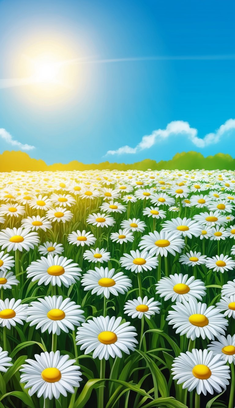 A lush field of daisies stretches out under a bright blue sky, with the sun casting a warm glow over the vibrant flowers