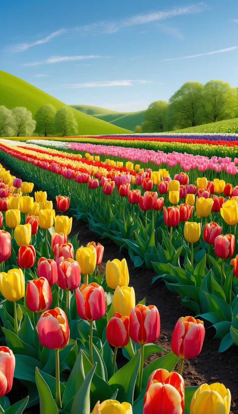 A lush valley of colorful tulips in full bloom, with a clear blue sky and a gentle breeze