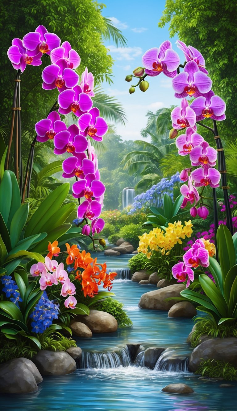 A lush oasis of colorful orchids in full bloom, surrounded by flowing water and vibrant greenery