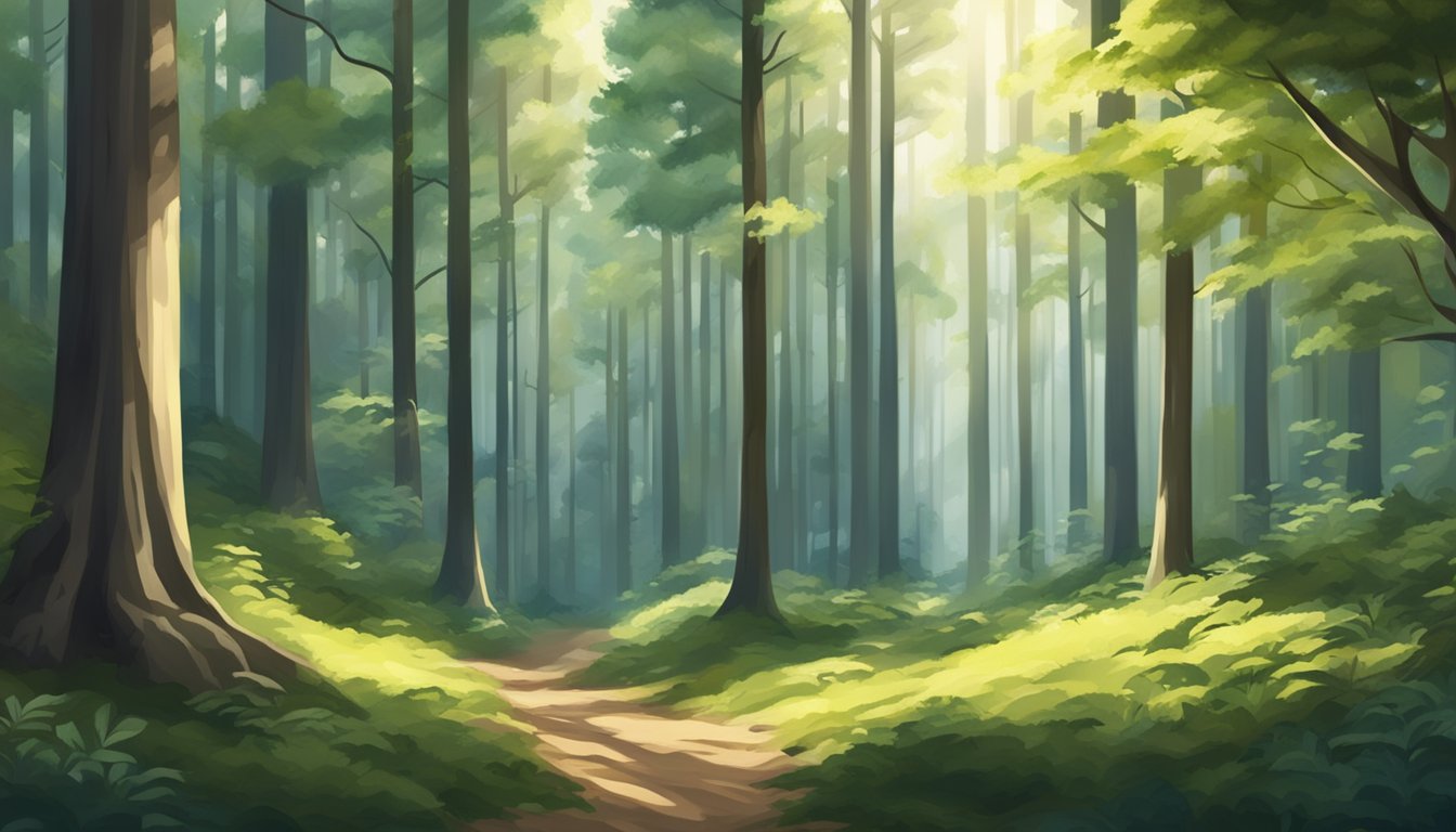 A serene forest with tall trees and dappled sunlight, creating a sense of seclusion and privacy