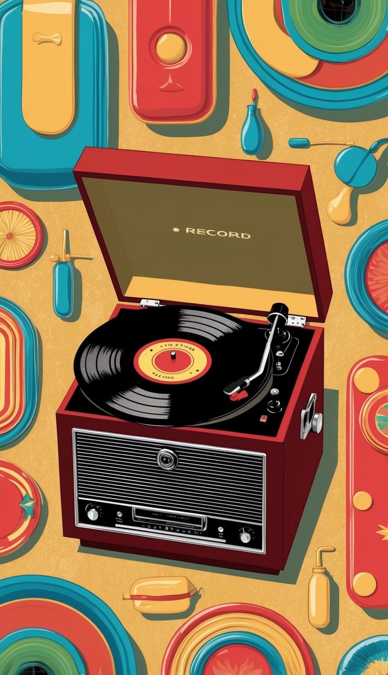 A vintage record player surrounded by colorful, retro-inspired objects and patterns