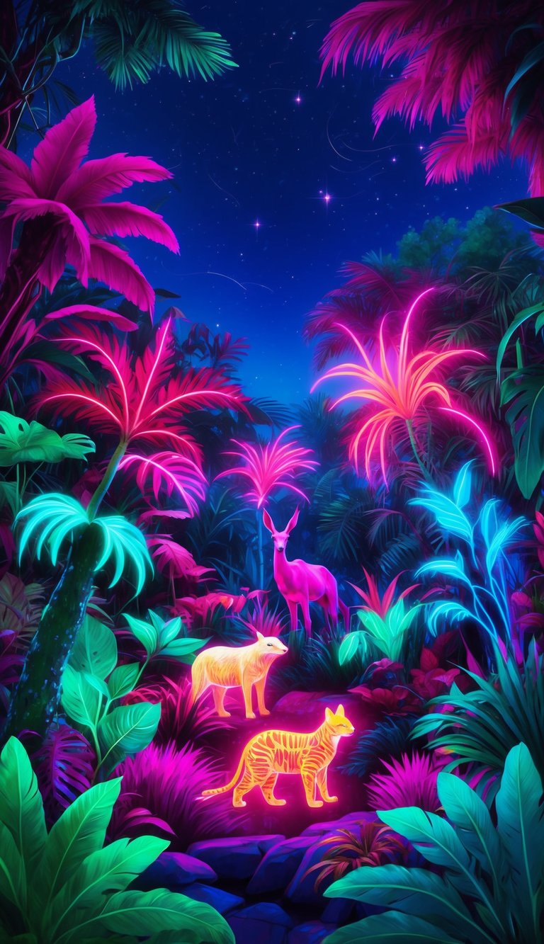 A vibrant neon jungle with glowing plants and animals under a starry night sky