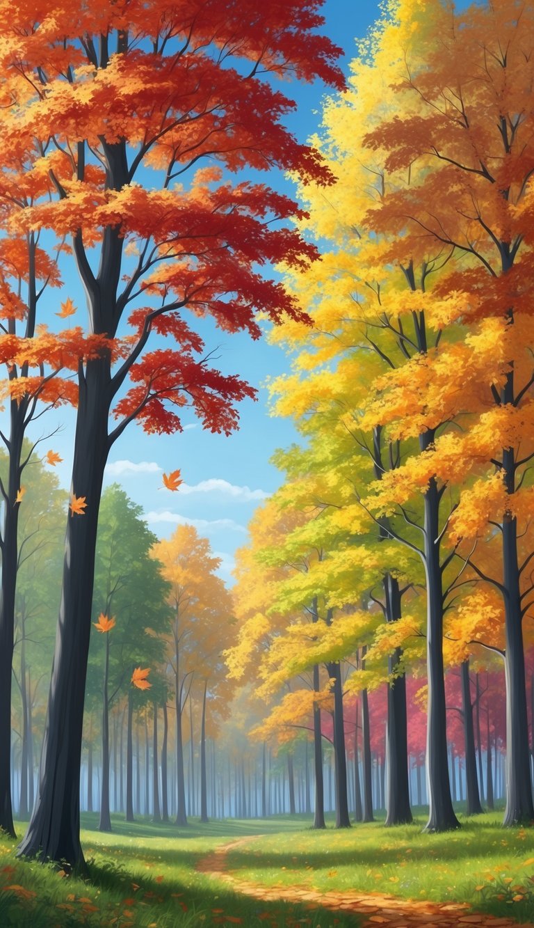 A serene forest with vibrant autumn foliage, a gentle breeze rustling the leaves, and a clear blue sky above