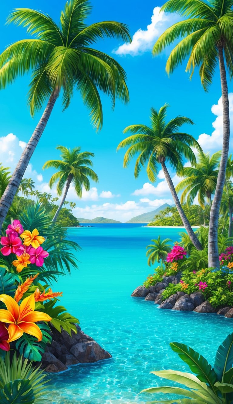 A vibrant tropical landscape with lush palm trees, colorful exotic flowers, and crystal-clear turquoise waters under a bright blue sky