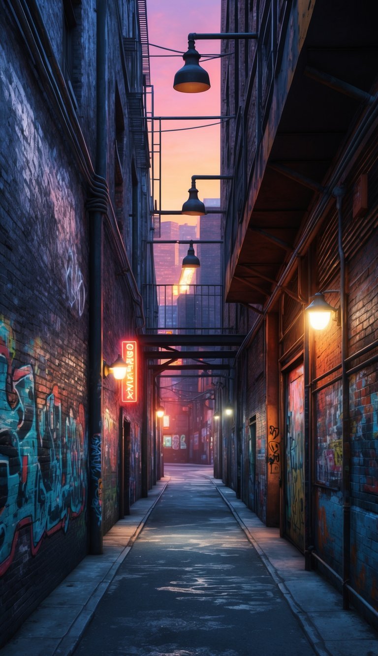 A gritty city alleyway with graffiti-covered walls and rusted metal structures, illuminated by the glow of neon signs and streetlights