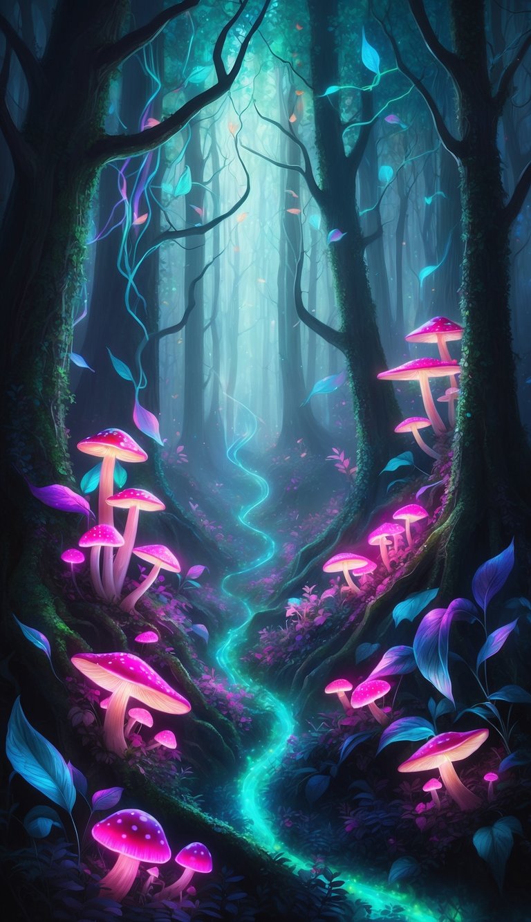 A dense forest with vibrant, otherworldly colors - glowing mushrooms, shimmering leaves, and ethereal mist weaving through the trees