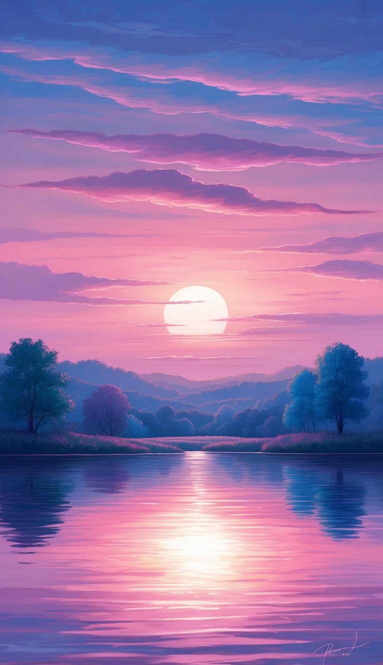 A peaceful sunset over a tranquil landscape with varying shades of blue, pink, and purple reflecting off the calm waters