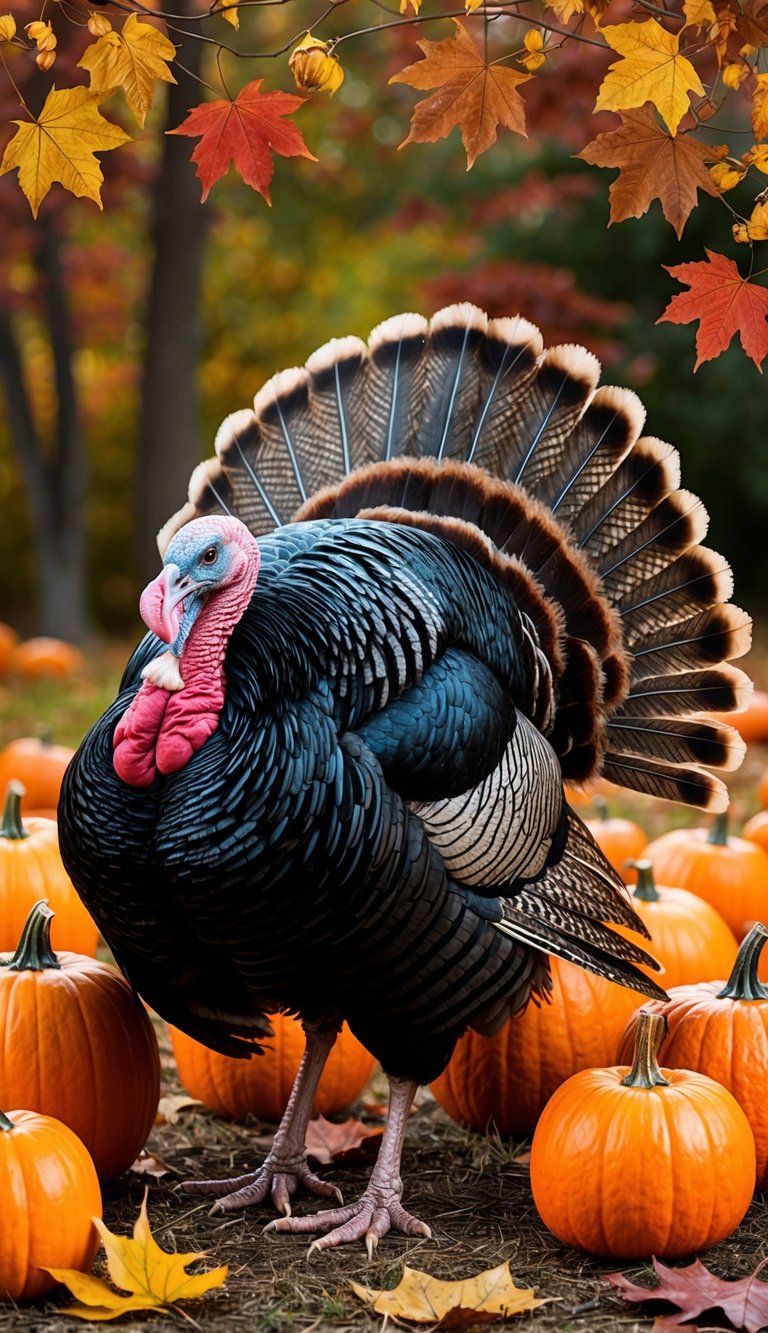 A plump turkey with feathers spread, surrounded by autumn leaves and pumpkins from how to draw a thanksgiving turkey in procreate