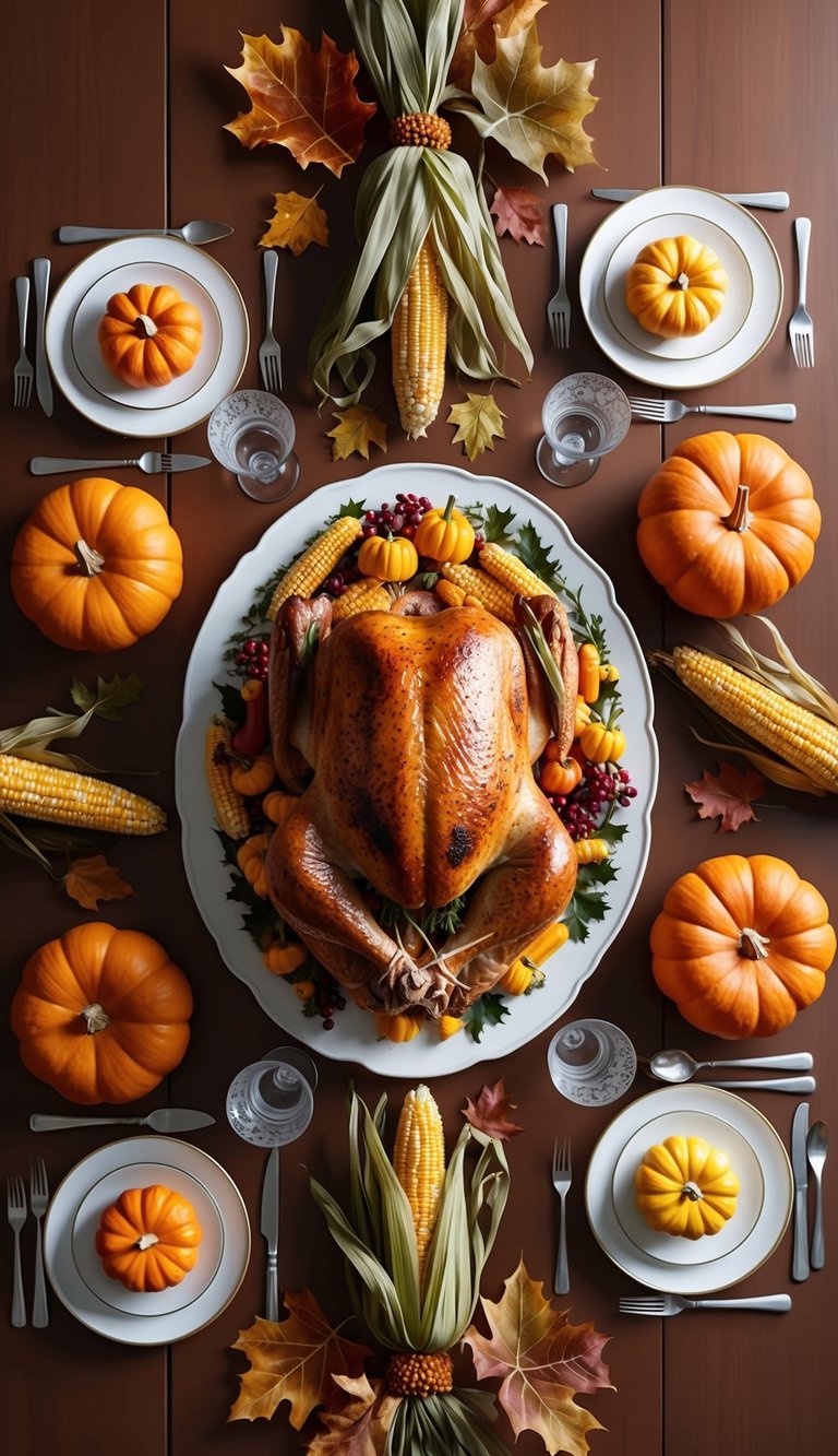 A table set with pumpkins, corn, and a roasted turkey surrounded by fall leaves and a decorative centerpiece