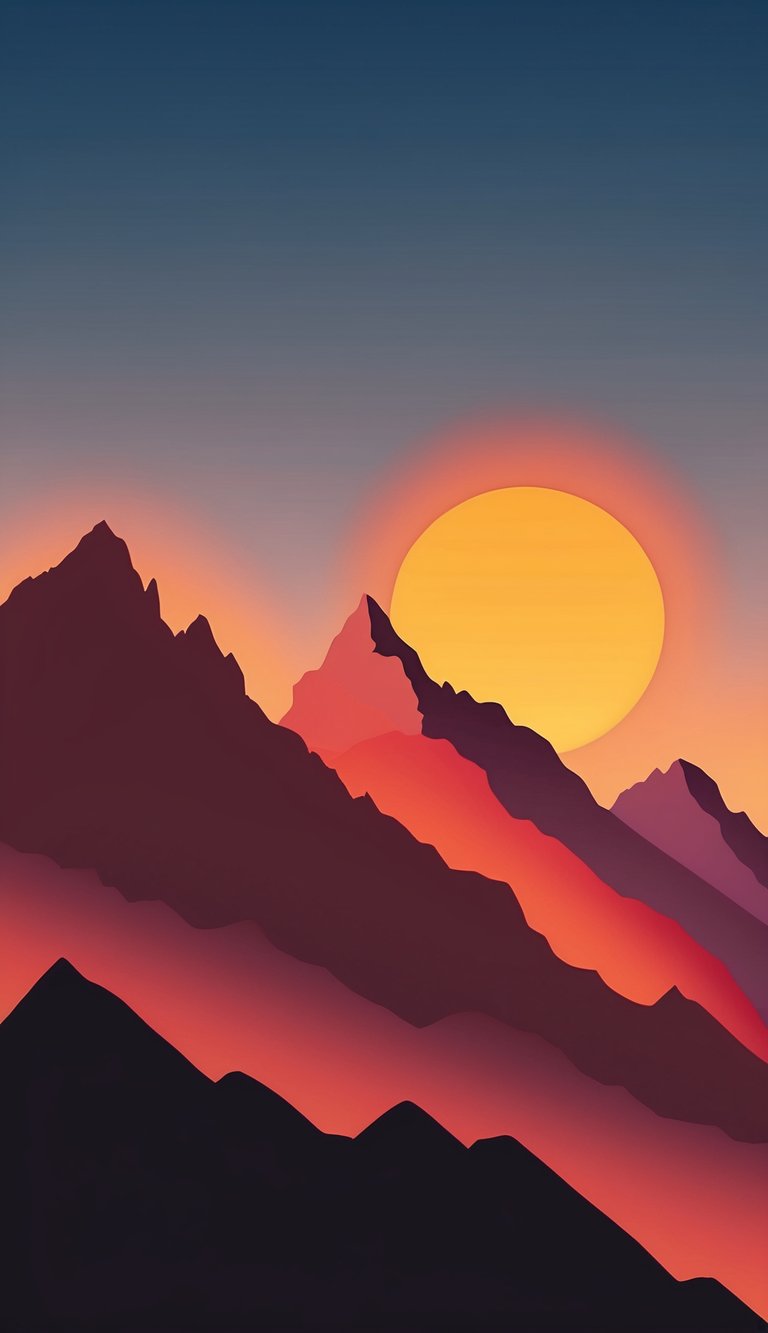 The sun sets behind silhouetted mountains, casting a warm orange glow over the rugged peaks