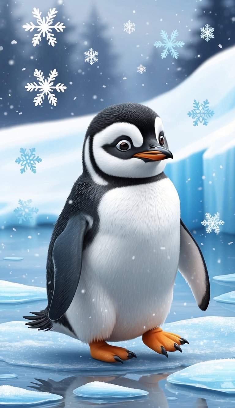 A cute penguin waddling on ice with snowflakes falling around it