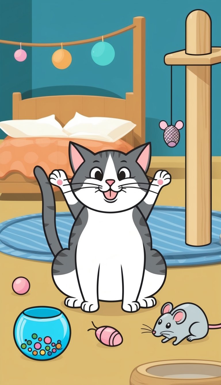 A playful Cartoon Cat surrounded by simple objects like a ball, fishbowl, and mouse toy, with a cozy bed and a scratching post in the background