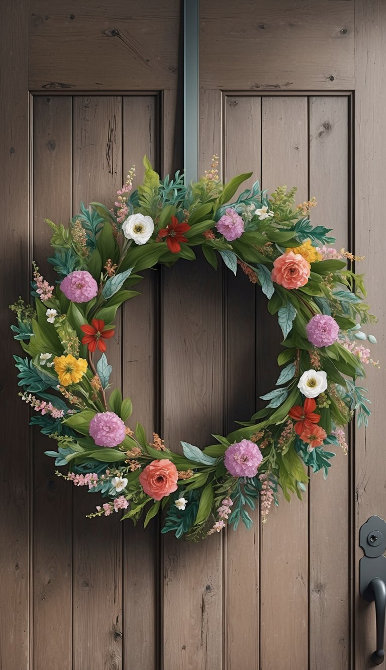 A circular floral wreath with various flowers and leaves, hanging on a rustic wooden door