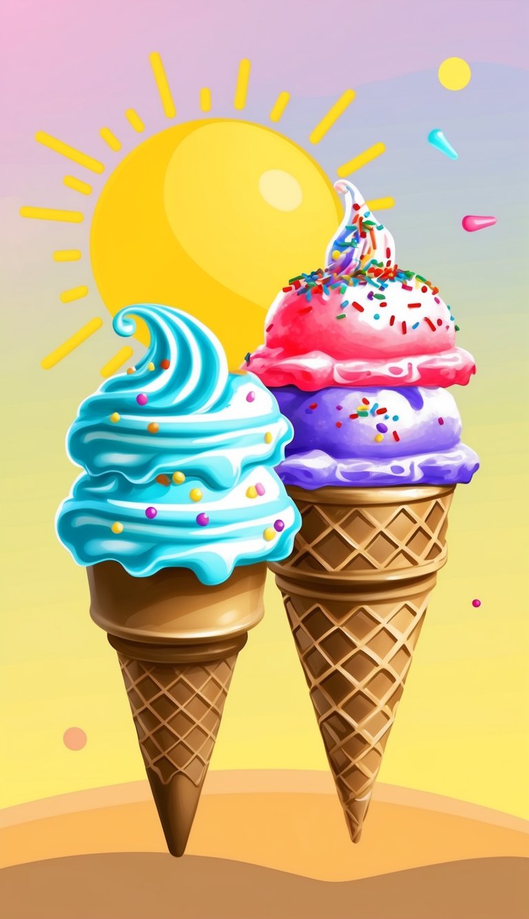 A colorful ice cream cone with sprinkles and a waffle cone, set against a bright and sunny background