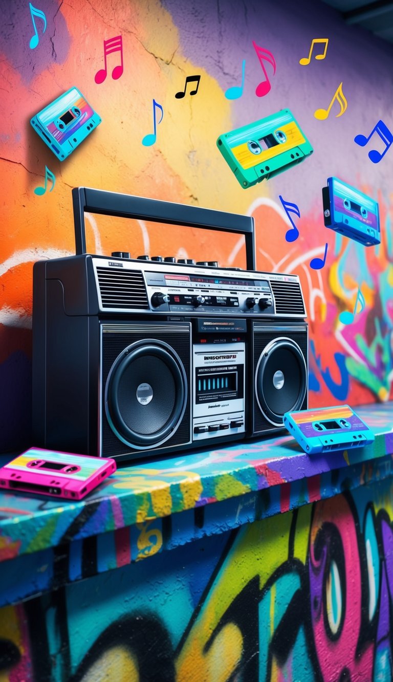 A retro boombox sits on a graffiti-covered wall, surrounded by colorful cassette tapes and vibrant music notes floating in the air