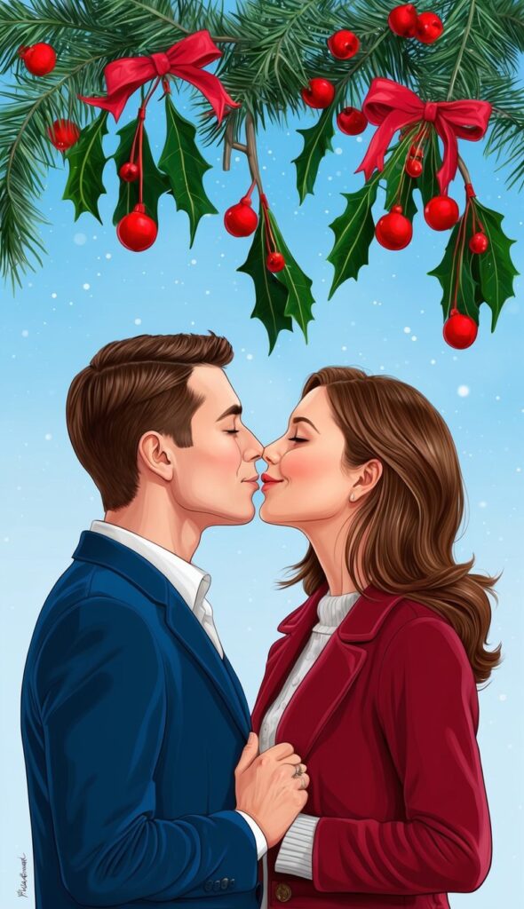 mistletoe over couple that is about to share a kiss