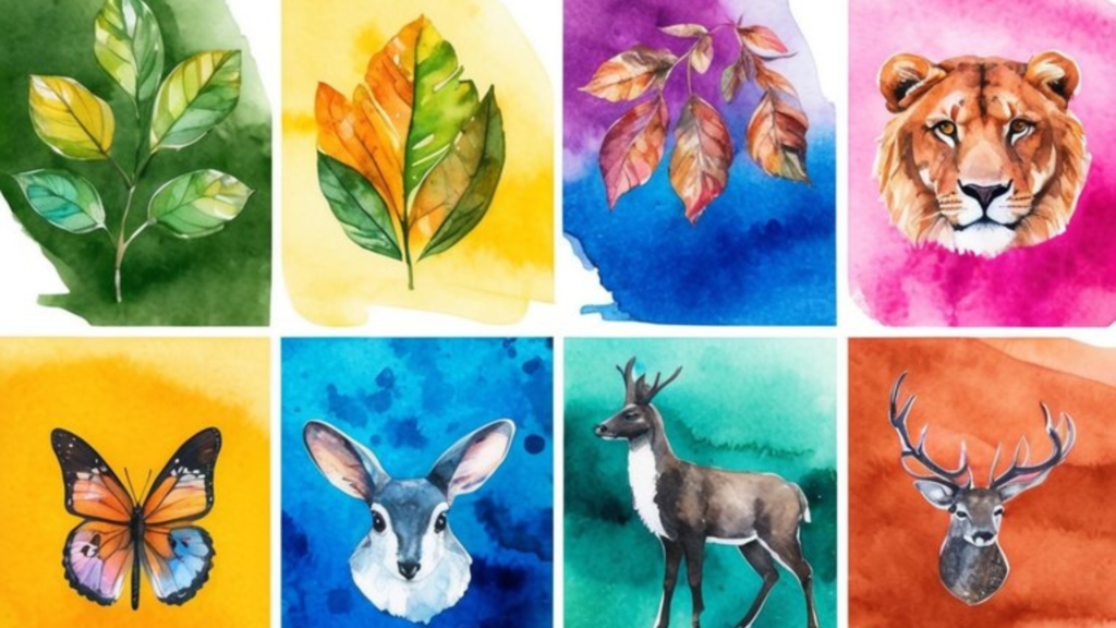 Vibrant watercolor palette with various brush strokes and textures, showcasing 10 different themes such as nature, animals, and abstract patterns