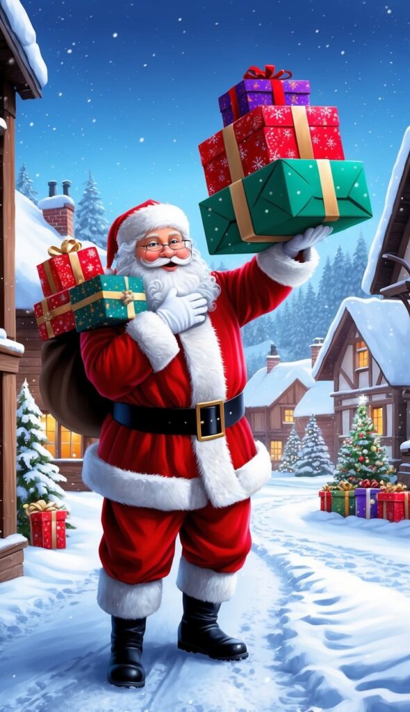 santa claus drawing in which santa is standing in a snowy town and holding presents