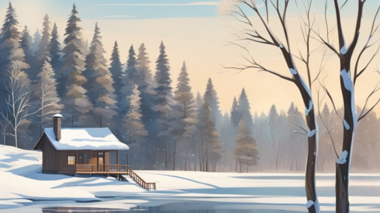 A snow-covered landscape with a frozen lake, bare trees, and a cozy cabin nestled in the woods under a clear blue sky - horizontal view