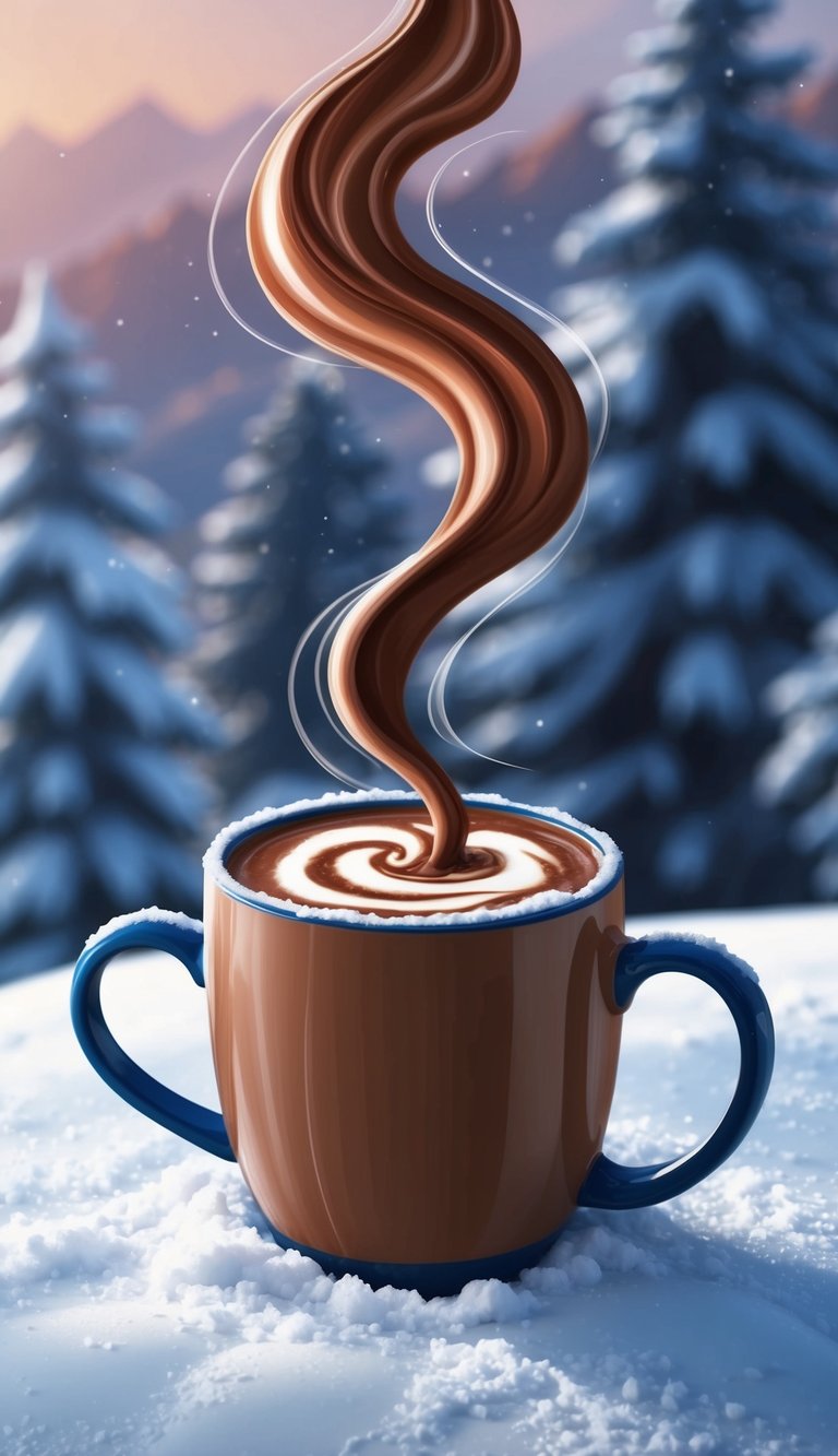 A cozy hot cocoa mug sits on a snow-covered table with a steaming swirl rising from the rich, chocolatey drink