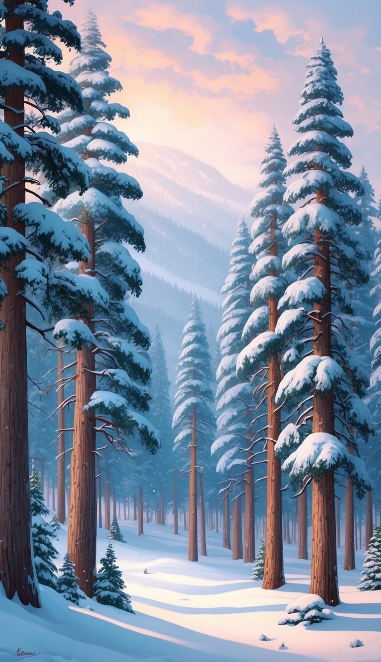 A snowy forest of tall pine trees with snow-covered branches and a serene winter landscape