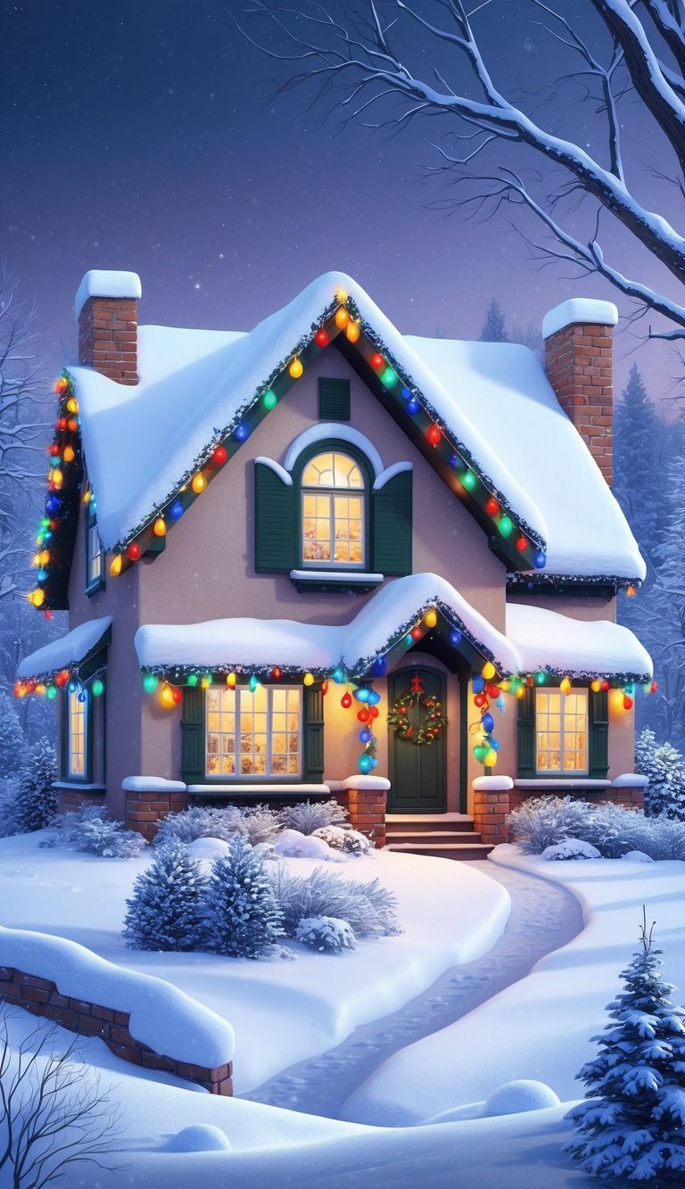 A cozy snow-covered house with colorful Christmas lights adorning the roof and windows, surrounded by a serene winter landscape