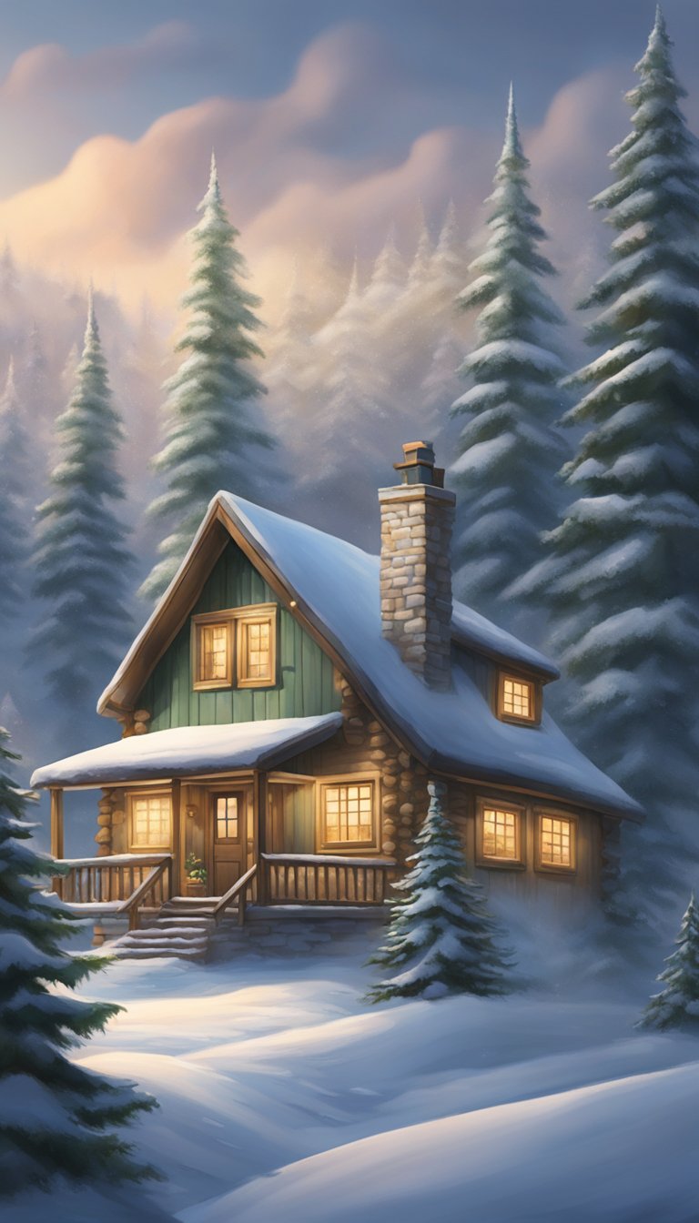 one of 10 easy things to draw on procreate - A cozy cabin nestled in a snowy forest, smoke billowing from the chimney, surrounded by evergreen trees and a blanket of fresh snow