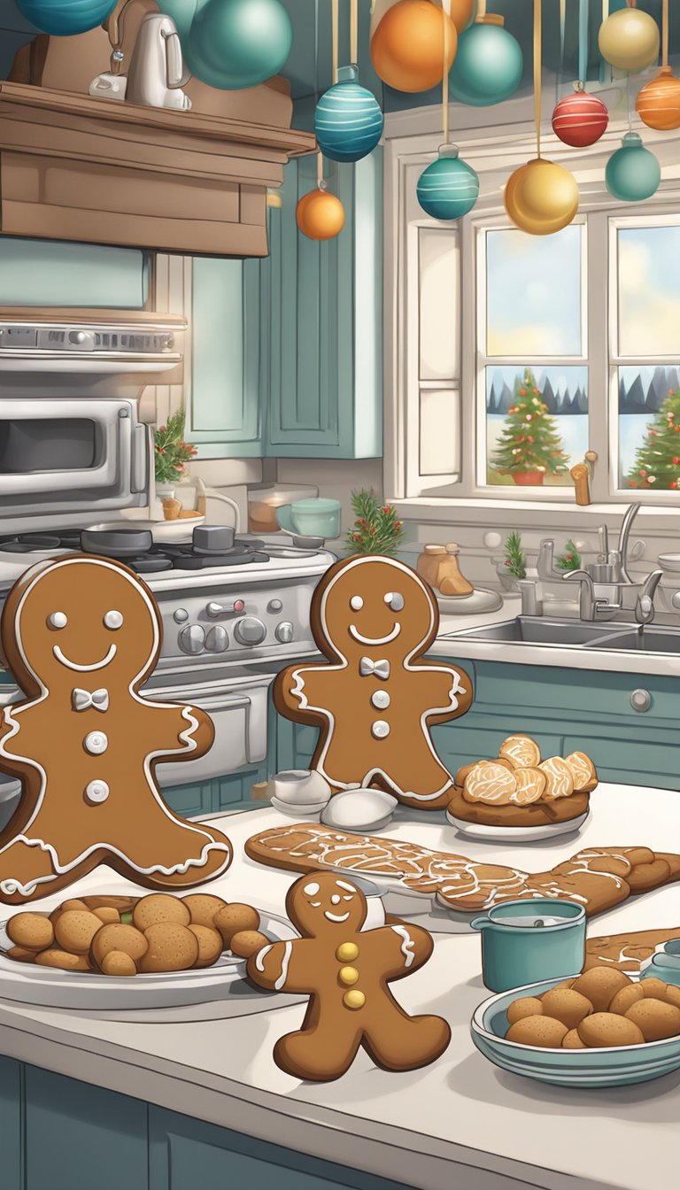 A cozy kitchen scene with a gingerbread man, rolling pin, cookie cutters, and festive decorations