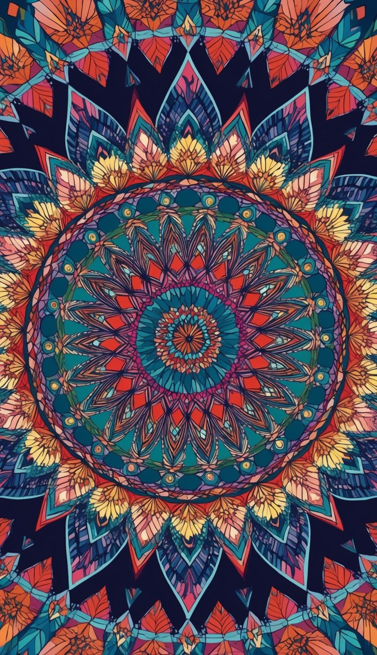 A mesmerizing geometric spiral mandala, with intricate patterns and vibrant colors, radiating a sense of wonder and tranquility