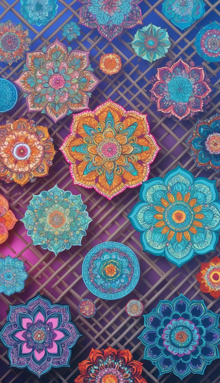 A dreamy lattice pattern with intricate mandalas in varying sizes and designs, floating in a digital space