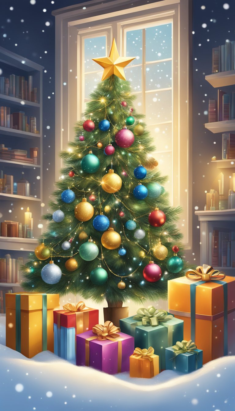 A Christmas tree with ornaments and lights, surrounded by presents and a star topper, against a snowy background - how to draw a christmas tree on procreate