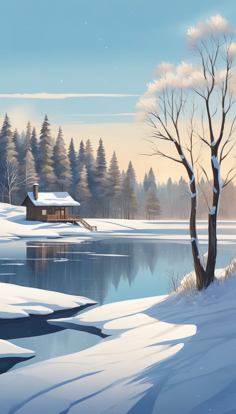 A snow-covered landscape with a frozen lake, bare trees, and a cozy cabin nestled in the woods under a clear blue sky