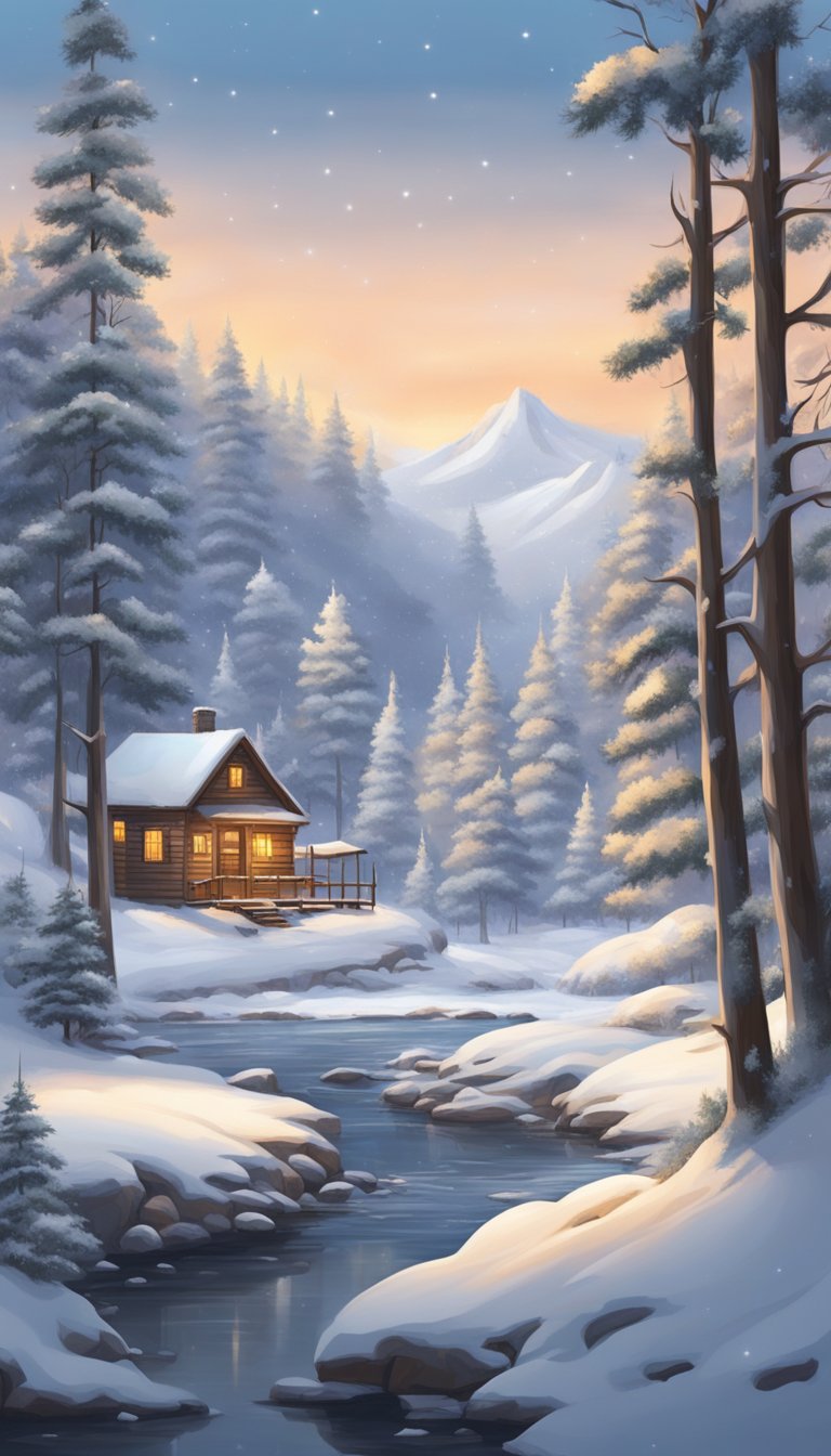 A snowy forest with a winding river, bare trees, and a cozy cabin nestled among the snow-covered landscape