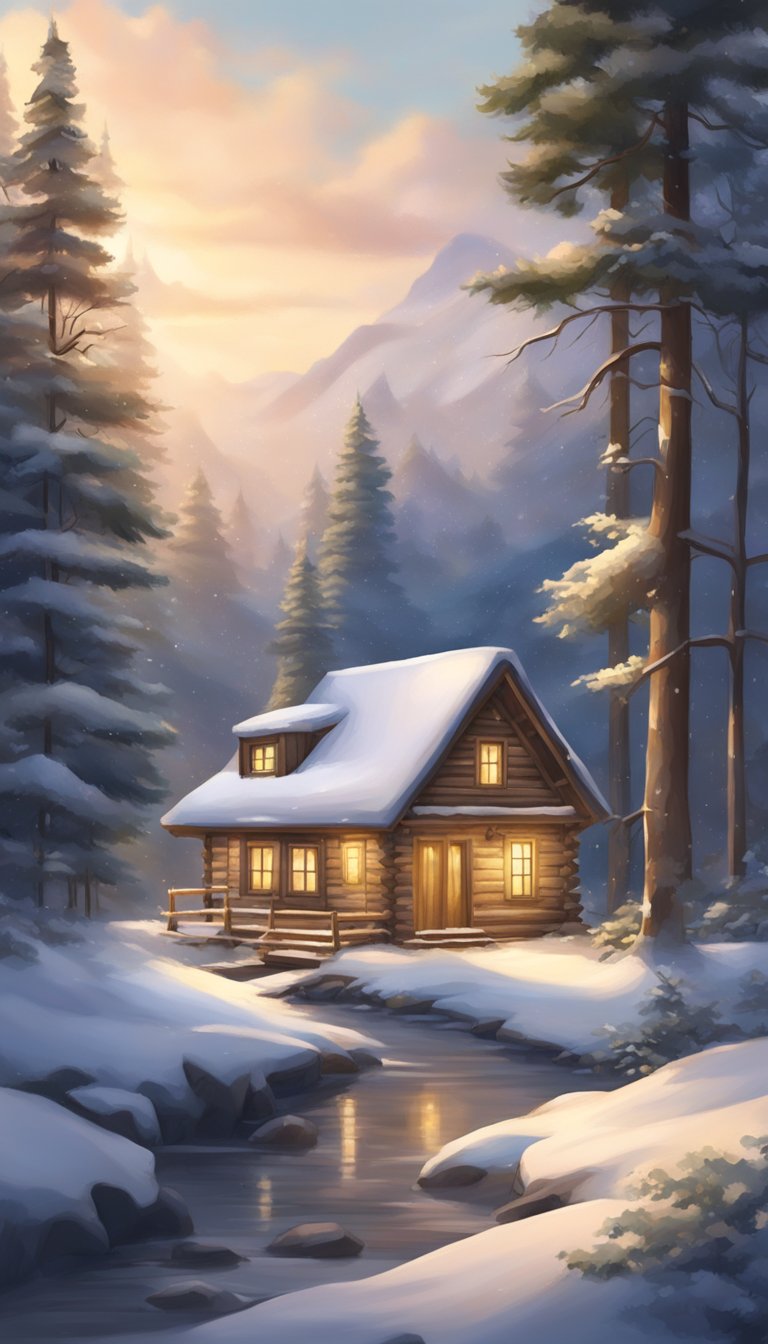 A cozy cabin nestled in a snowy forest, with soft, diffused light filtering through the trees, creating a serene and peaceful atmosphere