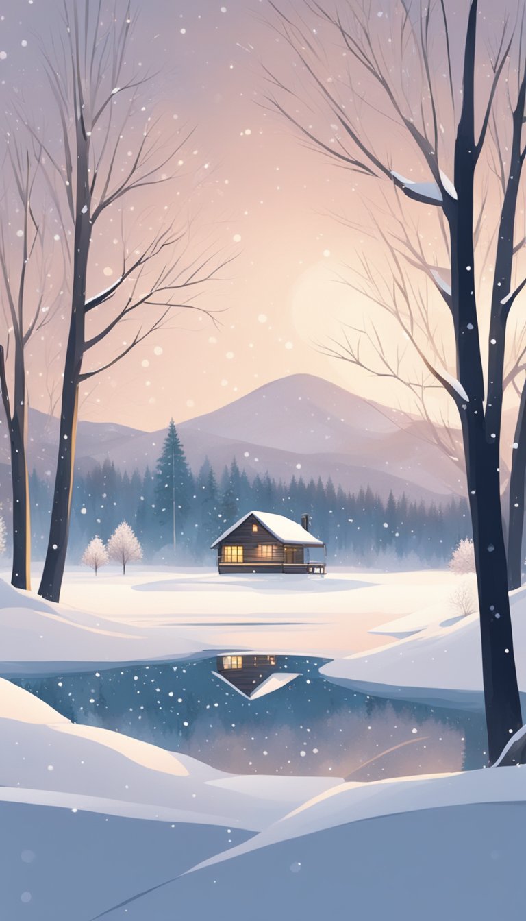 A snowy landscape with a frozen lake, bare trees, and a cozy cabin, surrounded by falling snowflakes and a soft, wintry light