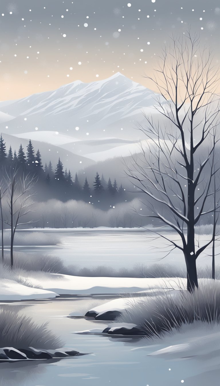 A snowy landscape with bare trees, a frozen pond, and distant mountains under a gray sky. Snowflakes falling gently