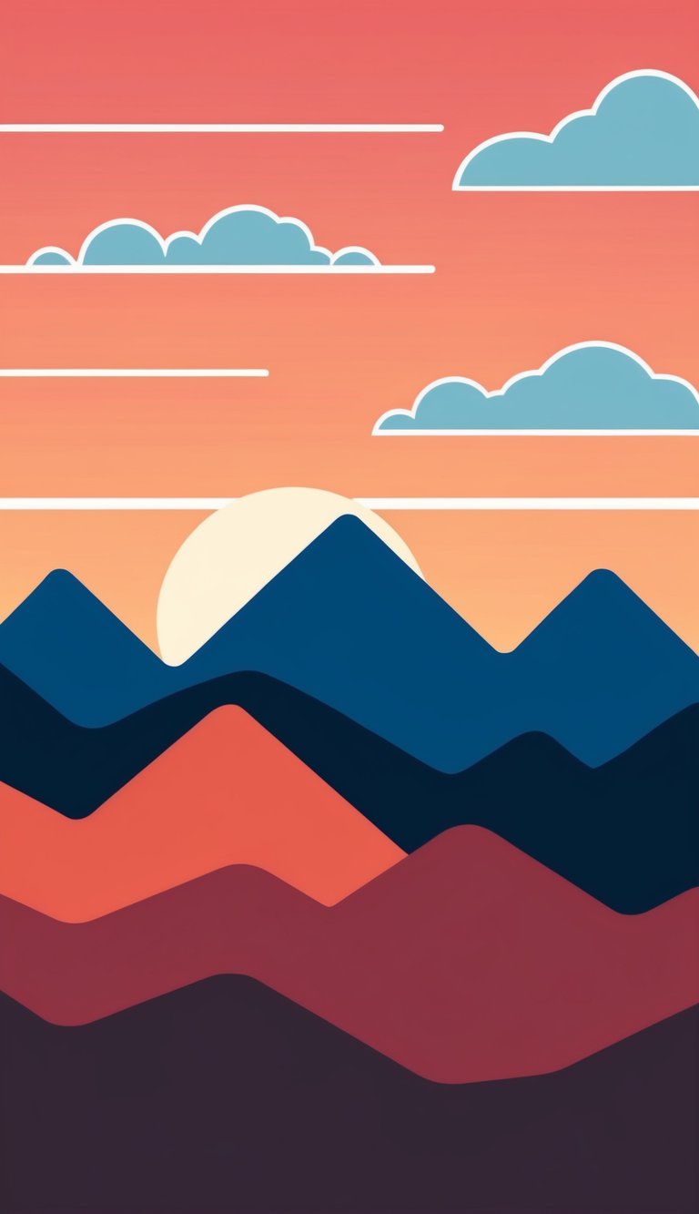 Silhouette mountains against a sunset sky, with clean lines and simple shapes in a minimalist style