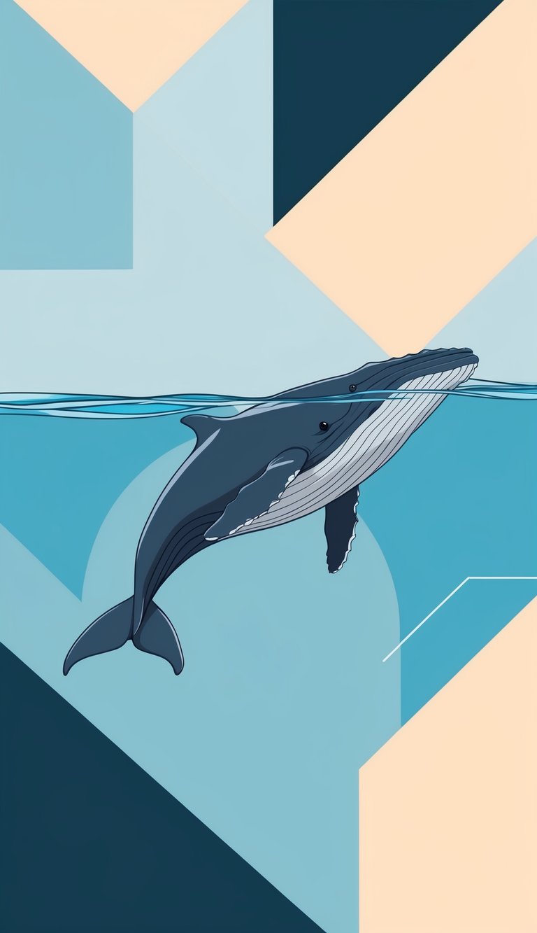 A sleek, simple whale glides through a sea of geometric shapes and clean lines, surrounded by negative space