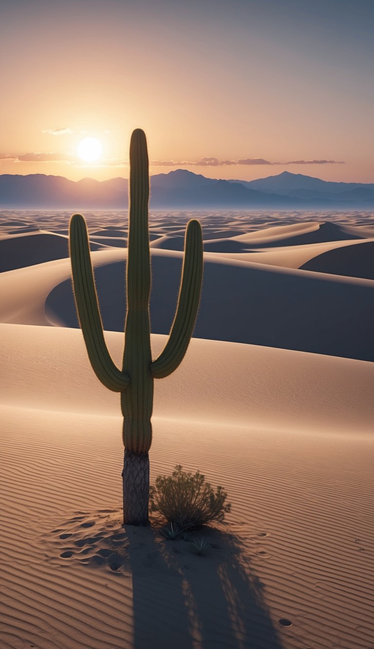 A lone cactus stands in a vast, empty desert. The sun sets behind distant mountains, casting long shadows on the sandy dunes