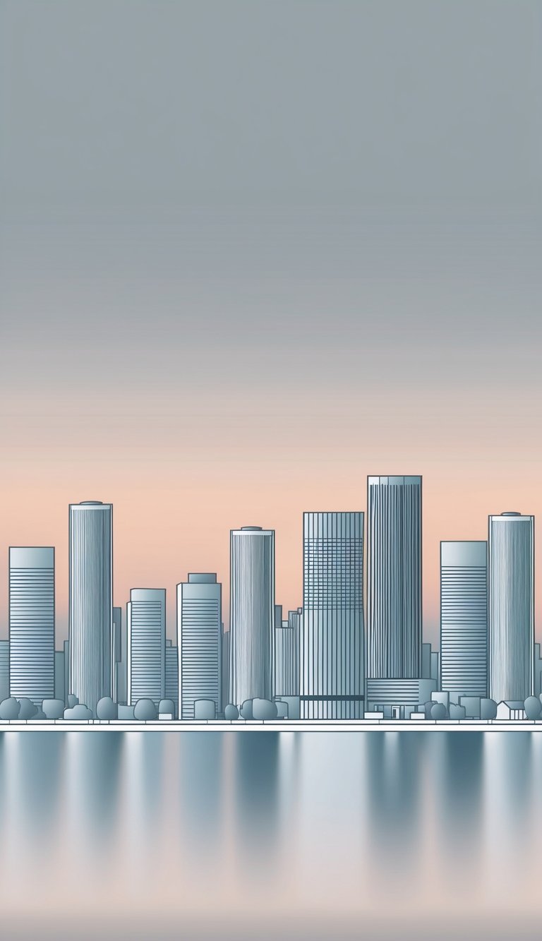 A city skyline at dusk, with sleek, modern buildings against a soft, gradient sky. Minimalist style with clean lines and subtle details