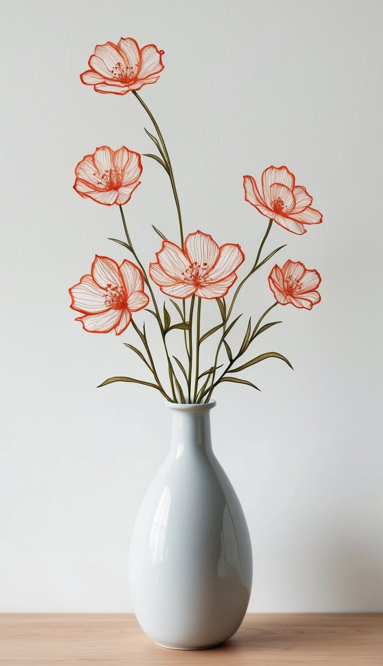 A simple vase with delicate ink flowers, set against a clean, white background