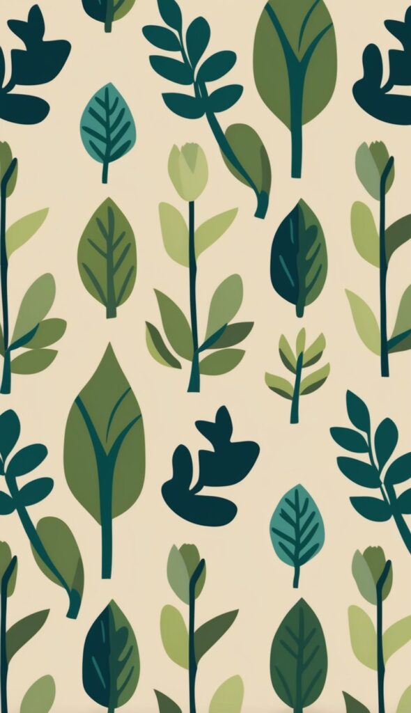 minimalist plant pattern with leaves, roses, and abstract plants