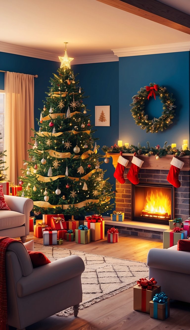 A cozy living room with a decorated Christmas tree, glowing fireplace, and stockings hanging on the mantle. Presents are scattered around the room, and a warm glow fills the space